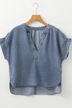 Sale Dear-Lover V Neck Ruffled Short Puff Sleeve Denim Top Dusk Blue