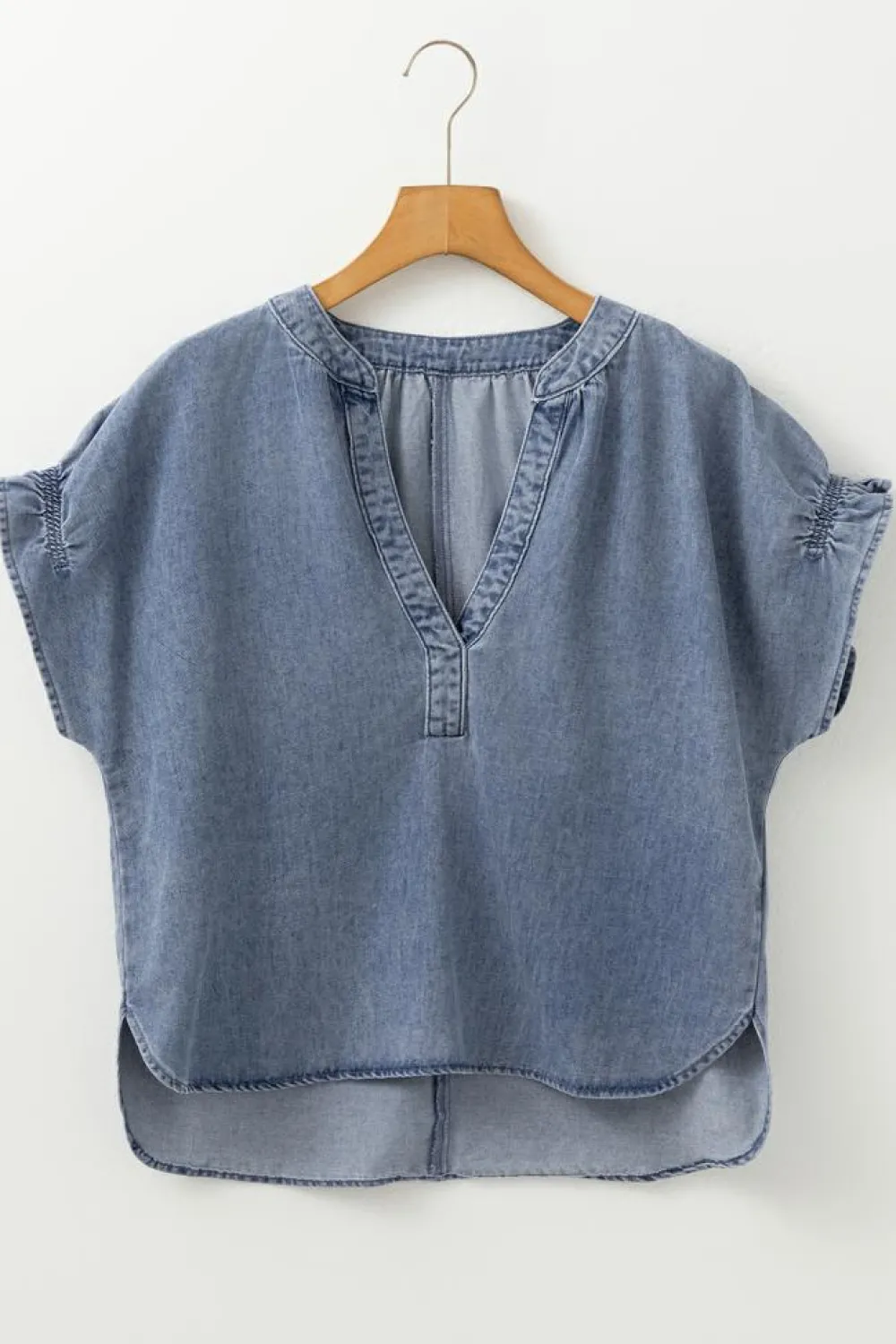 Sale Dear-Lover V Neck Ruffled Short Puff Sleeve Denim Top Dusk Blue