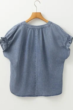 Sale Dear-Lover V Neck Ruffled Short Puff Sleeve Denim Top Dusk Blue