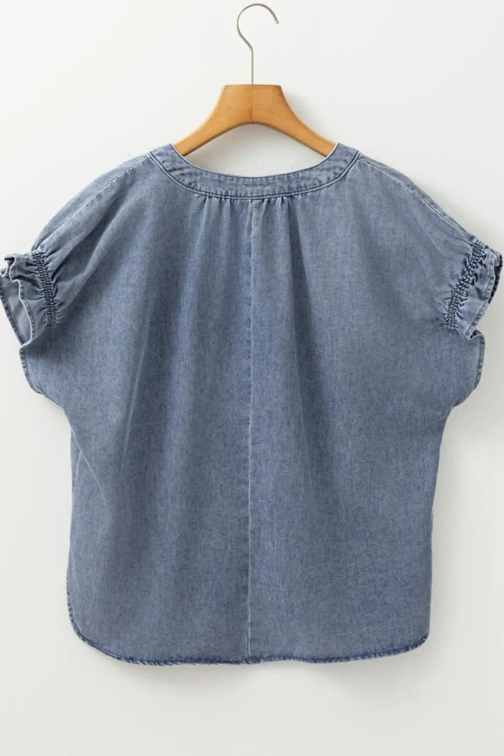 Sale Dear-Lover V Neck Ruffled Short Puff Sleeve Denim Top Dusk Blue