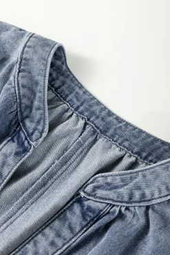 Sale Dear-Lover V Neck Ruffled Short Puff Sleeve Denim Top Dusk Blue