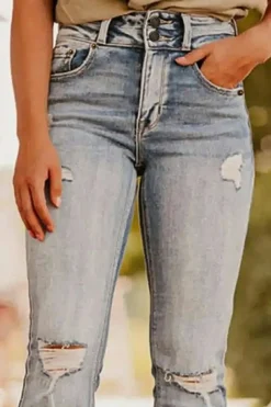 Sale Dear-Lover Vintage Light Wash Ripped Raw Edge Flare Jeans Dusk Blue