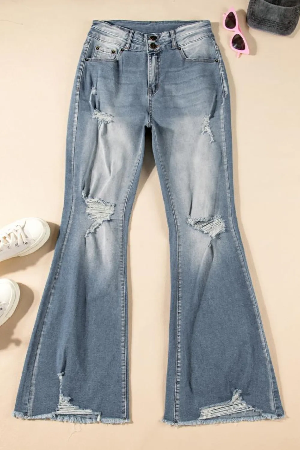 Sale Dear-Lover Vintage Light Wash Ripped Raw Edge Flare Jeans Dusk Blue