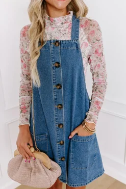 Outlet Dear-Lover Wide Strap Button Front Pocketed Denim Mini Dress Dusk Blue
