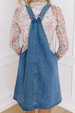 Outlet Dear-Lover Wide Strap Button Front Pocketed Denim Mini Dress Dusk Blue