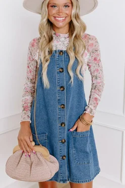 Outlet Dear-Lover Wide Strap Button Front Pocketed Denim Mini Dress Dusk Blue