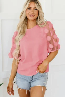 Fashion Dear-Lover Contrast Applique Mesh Half Sleeve Blouse Dusty Pink