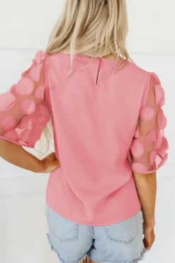Fashion Dear-Lover Contrast Applique Mesh Half Sleeve Blouse Dusty Pink
