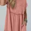 Best Dear-Lover Corded Knit Textured Patched Pocket Frilled Swing Mini Dress with Pockets Dusty Pink