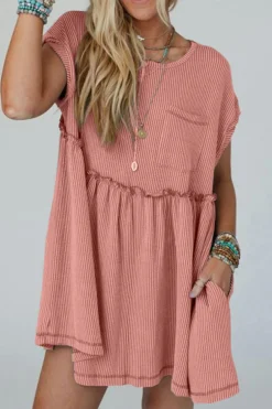 Best Dear-Lover Corded Knit Textured Patched Pocket Frilled Swing Mini Dress with Pockets Dusty Pink