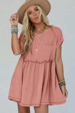 Best Dear-Lover Corded Knit Textured Patched Pocket Frilled Swing Mini Dress with Pockets Dusty Pink