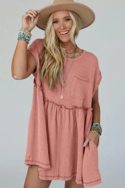 Best Dear-Lover Corded Knit Textured Patched Pocket Frilled Swing Mini Dress with Pockets Dusty Pink