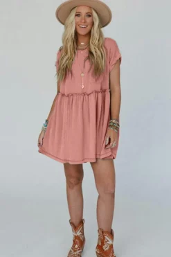 Best Dear-Lover Corded Knit Textured Patched Pocket Frilled Swing Mini Dress with Pockets Dusty Pink