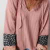 Sale Dear-Lover Floral Patchwork Textured Knit Drawstring V Neck Blouse Dusty Pink