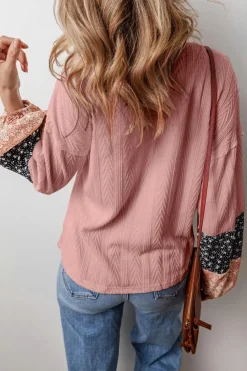 Sale Dear-Lover Floral Patchwork Textured Knit Drawstring V Neck Blouse Dusty Pink