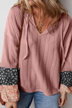 Sale Dear-Lover Floral Patchwork Textured Knit Drawstring V Neck Blouse Dusty Pink