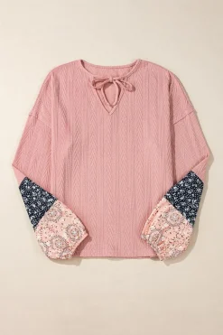 Sale Dear-Lover Floral Patchwork Textured Knit Drawstring V Neck Blouse Dusty Pink