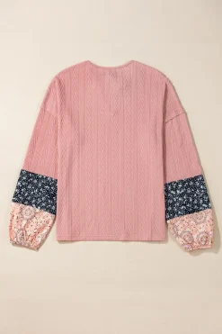 Sale Dear-Lover Floral Patchwork Textured Knit Drawstring V Neck Blouse Dusty Pink