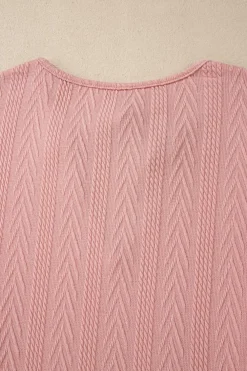 Sale Dear-Lover Floral Patchwork Textured Knit Drawstring V Neck Blouse Dusty Pink