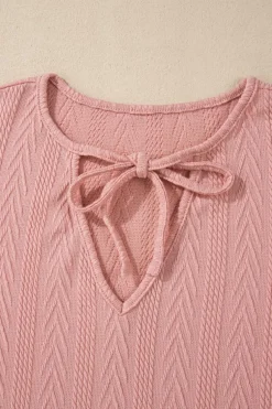 Sale Dear-Lover Floral Patchwork Textured Knit Drawstring V Neck Blouse Dusty Pink