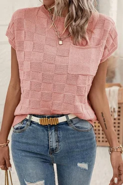 Fashion Dear-Lover Lattice Textured Knit Short Sleeve Sweater Dusty Pink