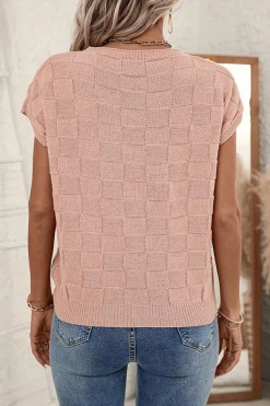 Fashion Dear-Lover Lattice Textured Knit Short Sleeve Sweater Dusty Pink