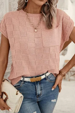 Fashion Dear-Lover Lattice Textured Knit Short Sleeve Sweater Dusty Pink