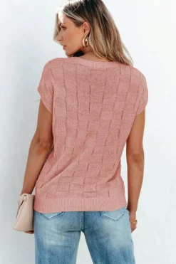 Fashion Dear-Lover Lattice Textured Knit Short Sleeve Sweater Dusty Pink