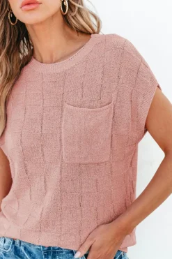 Fashion Dear-Lover Lattice Textured Knit Short Sleeve Sweater Dusty Pink
