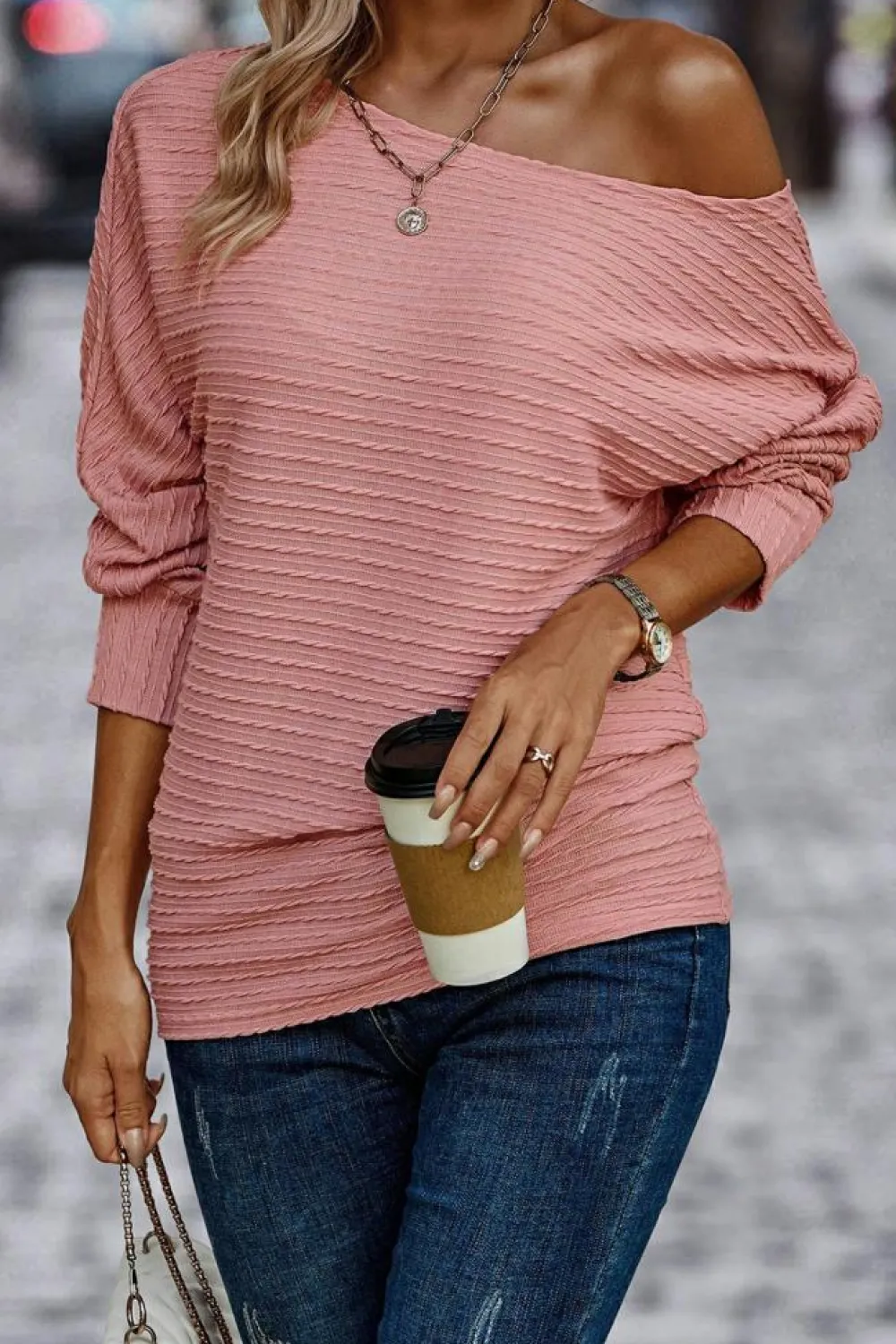 Discount Dear-Lover Textured Knit Long Sleeve Top Dusty Pink