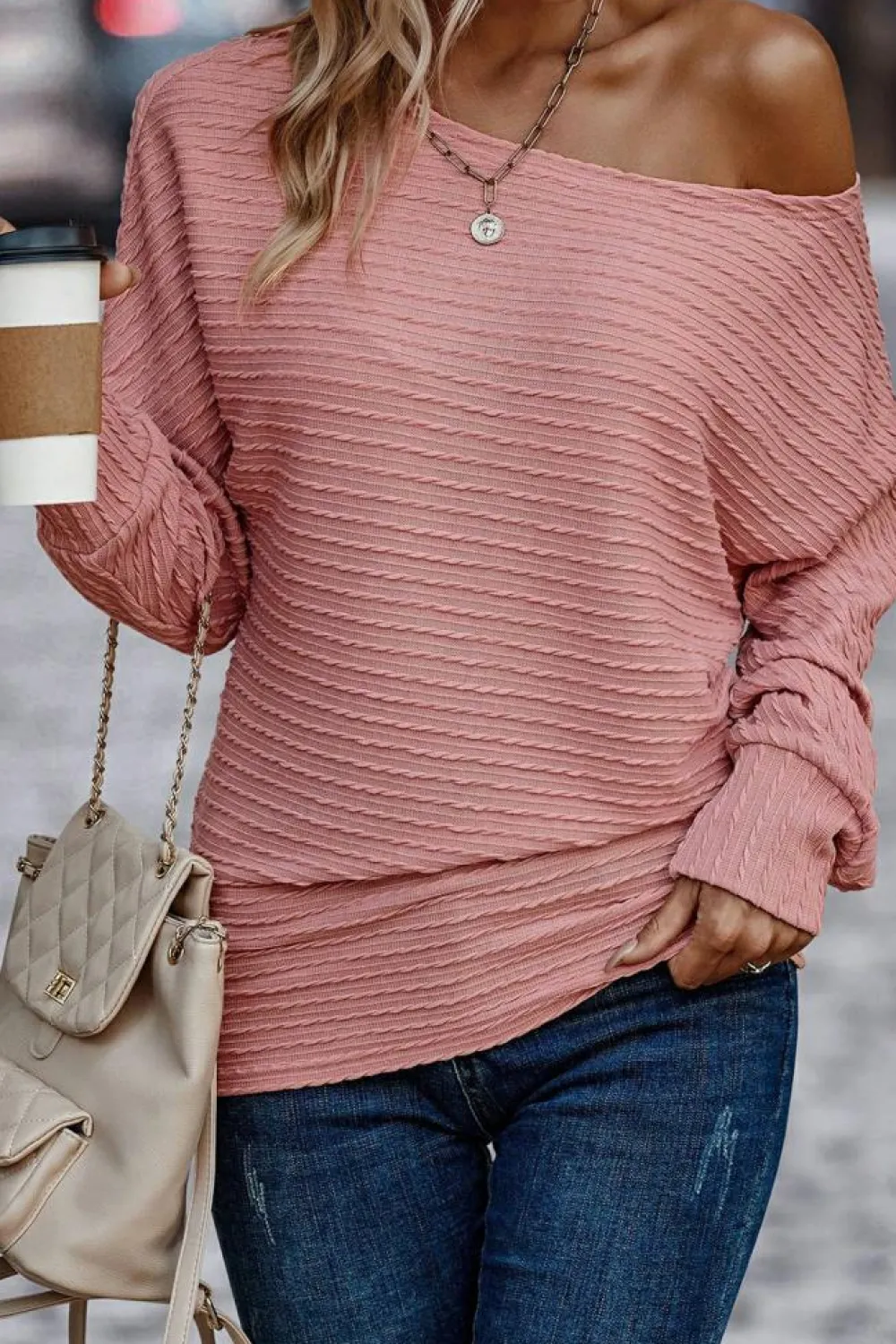 Discount Dear-Lover Textured Knit Long Sleeve Top Dusty Pink