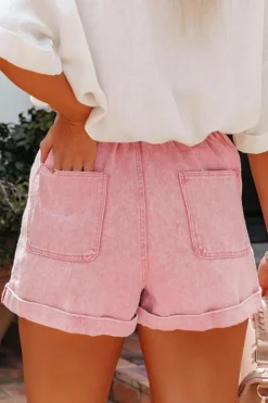 Clearance Dear-Lover Vintage Washed Frilled High Waist Denim Shorts Dusty Pink