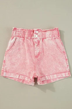 Clearance Dear-Lover Vintage Washed Frilled High Waist Denim Shorts Dusty Pink