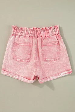 Clearance Dear-Lover Vintage Washed Frilled High Waist Denim Shorts Dusty Pink