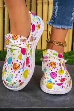 Fashion Dear-Lover Easter Eggs Printed Square Toe Slip On Canvas Flats Light Pink