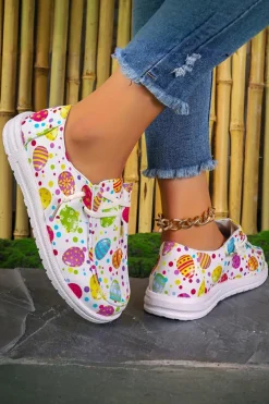 Fashion Dear-Lover Easter Eggs Printed Square Toe Slip On Canvas Flats Light Pink