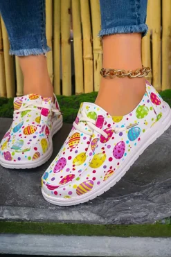 Fashion Dear-Lover Easter Eggs Printed Square Toe Slip On Canvas Flats Light Pink