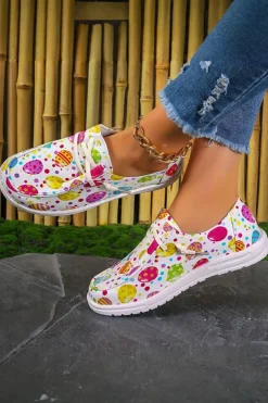 Fashion Dear-Lover Easter Eggs Printed Square Toe Slip On Canvas Flats Light Pink