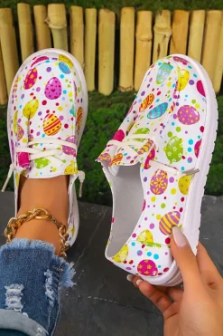 Fashion Dear-Lover Easter Eggs Printed Square Toe Slip On Canvas Flats Light Pink