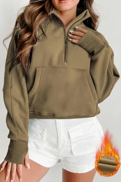 Outlet Dear-Lover Fleece Lined Zip Up Stand Collar Thumbhole Sleeve Sweatshirt Elmwood