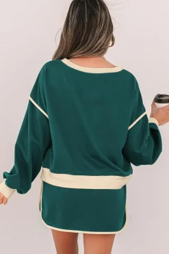 Clearance Dear-Lover Color Contrast Loose Pullover and Lace-up Waist Skort Set Evergreen