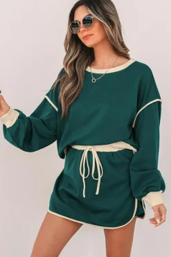 Clearance Dear-Lover Color Contrast Loose Pullover and Lace-up Waist Skort Set Evergreen
