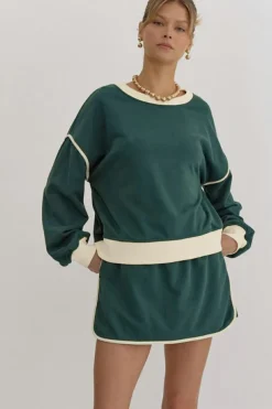 Clearance Dear-Lover Color Contrast Loose Pullover and Lace-up Waist Skort Set Evergreen