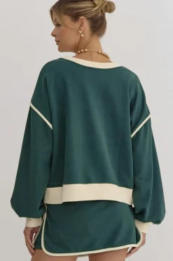 Clearance Dear-Lover Color Contrast Loose Pullover and Lace-up Waist Skort Set Evergreen