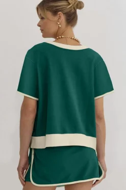 New Dear-Lover Colorblock Edge Drop Shoulder T Shirt and Skort 2Pcs Set Evergreen