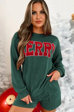 Discount Dear-Lover Corded MERRY Graphic Long Sleeve Top and Shorts Set Evergreen