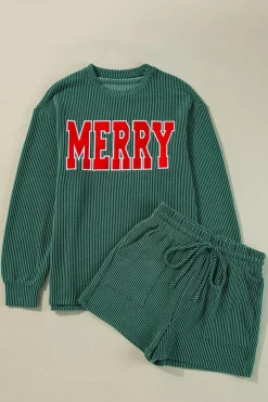 Discount Dear-Lover Corded MERRY Graphic Long Sleeve Top and Shorts Set Evergreen