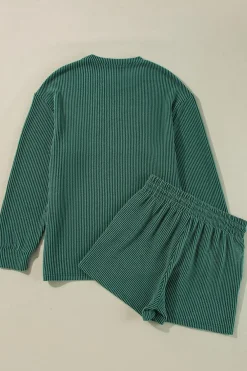 Discount Dear-Lover Corded MERRY Graphic Long Sleeve Top and Shorts Set Evergreen