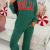 Clearance Dear-Lover JOLLY Corded Long Sleeve Top and Pockets Pants Set Evergreen