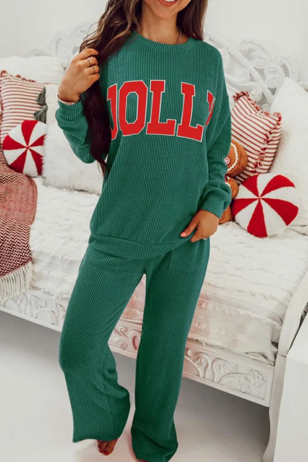 Clearance Dear-Lover JOLLY Corded Long Sleeve Top and Pockets Pants Set Evergreen